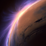 A high-definition conceptual photograph of Mars protected by an artificial magnetic shield, showing a glowing plasma torus generated from the moon Phobos and a faint, translucent magnetosphere deflecting the solar wind.