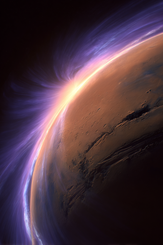A high-definition conceptual photograph of Mars protected by an artificial magnetic shield, showing a glowing plasma torus generated from the moon Phobos and a faint, translucent magnetosphere deflecting the solar wind.