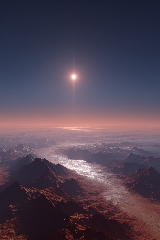 A high-definition orbital photograph of Mars during Stage 4 of terraforming, showing a shimmering haze of engineered nanoparticle aerosols in the atmosphere and the massive south polar CO2 ice cap beginning to sublimate and recede.