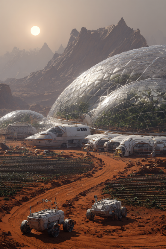 A high-definition photograph of a Martian habitat complex featuring interconnected pressurized modules and a large transparent geodesic dome filled with a green botanical forest, situated in a red rocky crater under a dusty salmon sky.
