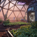 A high-definition photograph of the interior of a Martian research greenhouse, showing rows of green crops growing in dark, remediated regolith under purple LED grow-lights, with a view of a dusty red landscape through a reinforced transparent wall.