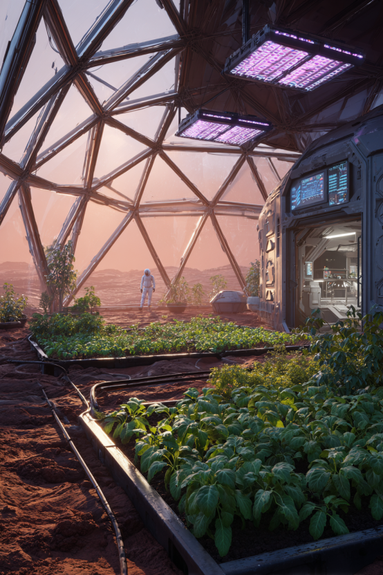 A high-definition photograph of the interior of a Martian research greenhouse, showing rows of green crops growing in dark, remediated regolith under purple LED grow-lights, with a view of a dusty red landscape through a reinforced transparent wall.