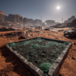 A high-definition photograph of a small, bounded outdoor test zone on the Martian surface, showing a patch of dark, remediated soil covered in a thin, greenish-black layer of cyanobacterial biocrust, surrounded by a low protective berm against a vast red landscape.