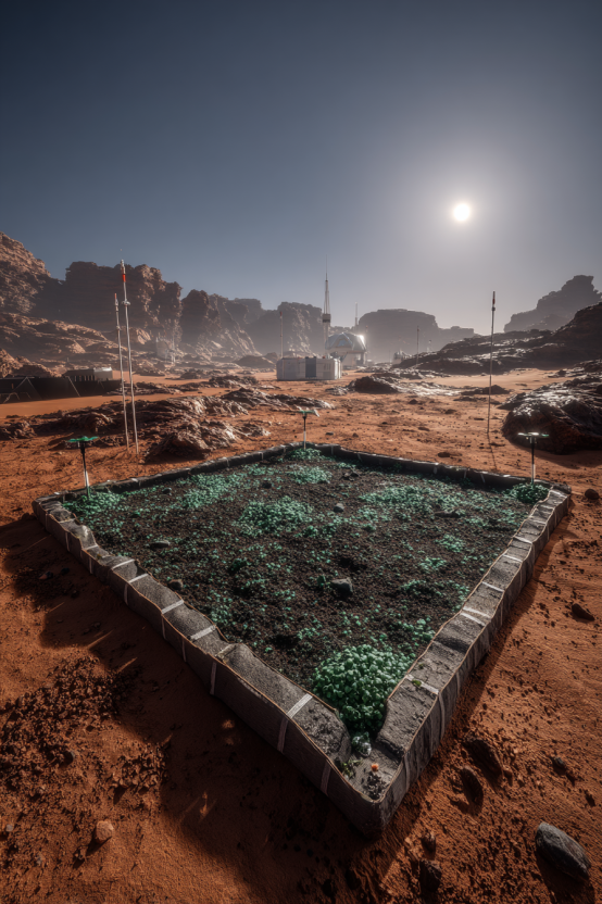 A high-definition photograph of a small, bounded outdoor test zone on the Martian surface, showing a patch of dark, remediated soil covered in a thin, greenish-black layer of cyanobacterial biocrust, surrounded by a low protective berm against a vast red landscape.