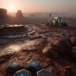 A high-definition photograph of a distributed network of small robotic sensor stations across a vast, cratered Martian landscape under a dusty salmon sky, with an autonomous aerial drone surveying the terrain.