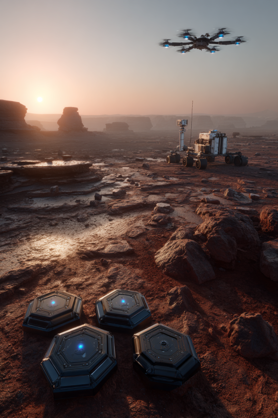A high-definition photograph of a distributed network of small robotic sensor stations across a vast, cratered Martian landscape under a dusty salmon sky, with an autonomous aerial drone surveying the terrain.