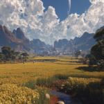 A high-definition landscape photograph of a terraformed Mars during Stage 10, showing a human walking through a lush meadow of grasses and flowering crops under a deep indigo sky with white clouds and a natural stream in the background.