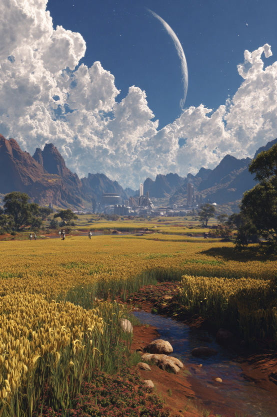 A high-definition landscape photograph of a terraformed Mars during Stage 10, showing a human walking through a lush meadow of grasses and flowering crops under a deep indigo sky with white clouds and a natural stream in the background.
