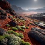 A high-definition landscape photograph of the Martian surface during Stage 7, featuring a sprawling, dark-green cyanobacterial biocrust spreading across red regolith, with small patches of hardy lichens and mosses establishing in the foreground under a thick indigo sky.