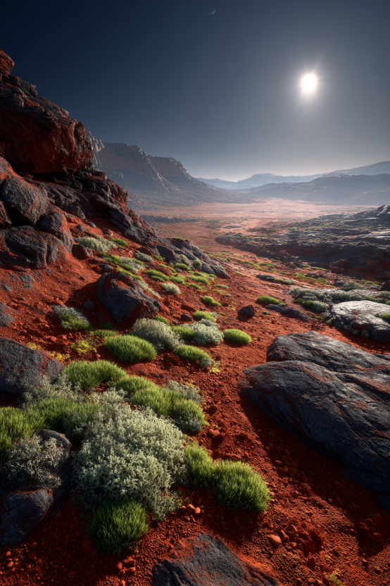 A high-definition landscape photograph of the Martian surface during Stage 7, featuring a sprawling, dark-green cyanobacterial biocrust spreading across red regolith, with small patches of hardy lichens and mosses establishing in the foreground under a thick indigo sky.