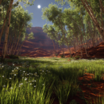 A high-definition landscape photograph of a transforming Martian valley during Stage 8, showing hardy green grasses and nitrogen-fixing clover growing in deep, dark soil, with young willow and birch trees beginning to establish vertical structure under a hazy indigo sky.