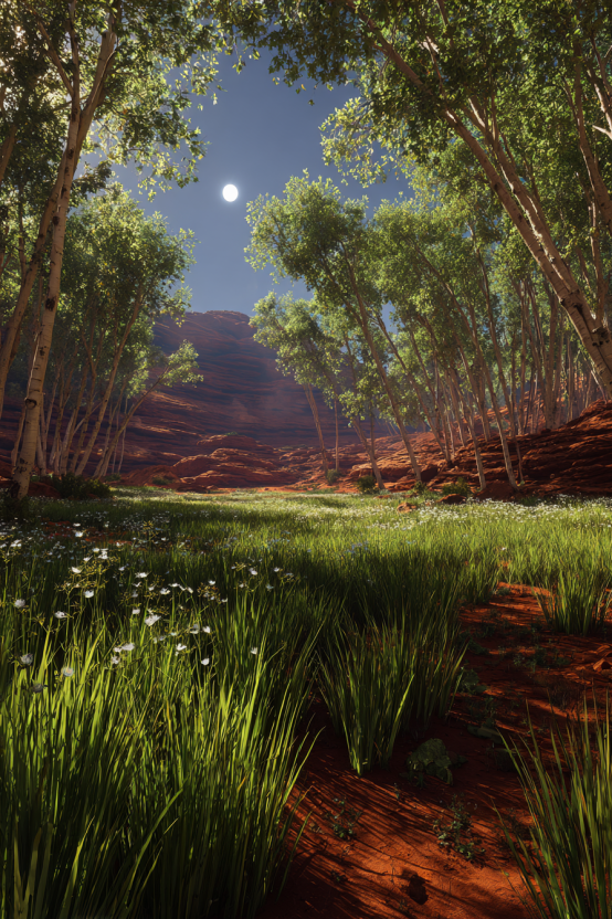 A high-definition landscape photograph of a transforming Martian valley during Stage 8, showing hardy green grasses and nitrogen-fixing clover growing in deep, dark soil, with young willow and birch trees beginning to establish vertical structure under a hazy indigo sky.