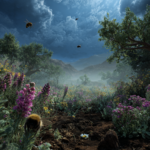 A high-definition photograph of a self-sustaining Martian ecosystem during Stage 9, showing bees pollinating flowering legumes in a lush meadow, a bird perched in a mature willow tree, and thick white clouds forming in a deep indigo sky above a moist, biologically active landscape.