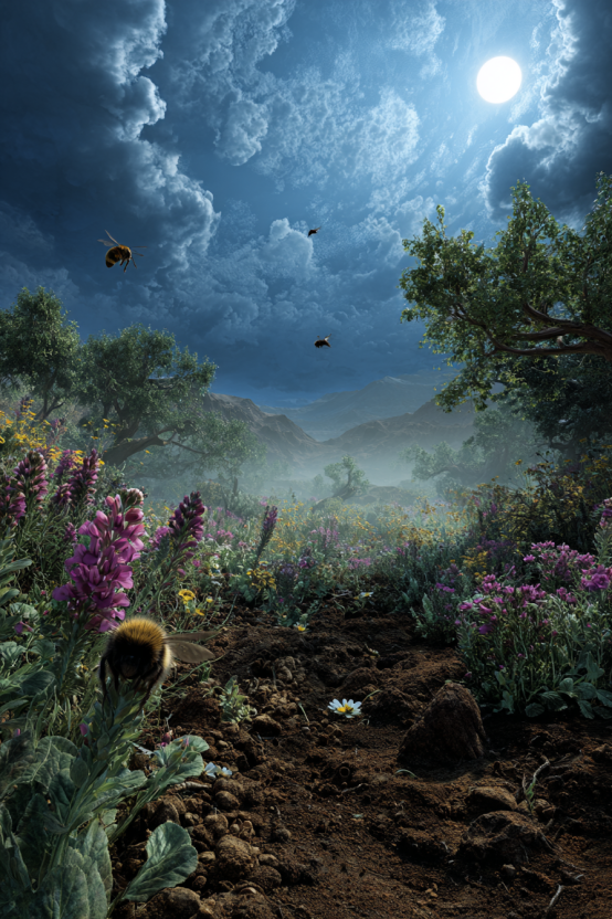 A high-definition photograph of a self-sustaining Martian ecosystem during Stage 9, showing bees pollinating flowering legumes in a lush meadow, a bird perched in a mature willow tree, and thick white clouds forming in a deep indigo sky above a moist, biologically active landscape.