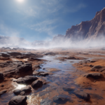 A high-definition photograph of a nascent stream of liquid meltwater flowing through a rocky Martian valley in Hellas Basin, with thin water-ice clouds visible in a thickening indigo sky and patches of dark, wet regolith along the banks.