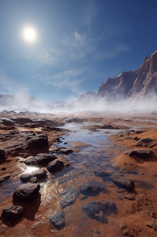 A high-definition photograph of a nascent stream of liquid meltwater flowing through a rocky Martian valley in Hellas Basin, with thin water-ice clouds visible in a thickening indigo sky and patches of dark, wet regolith along the banks.
